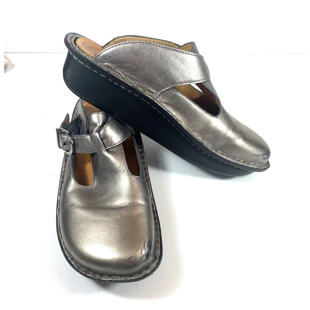 Alegria Metallic Pewter Leather Mule Clogs Size 39 US 8.5 Comfort Arch Support